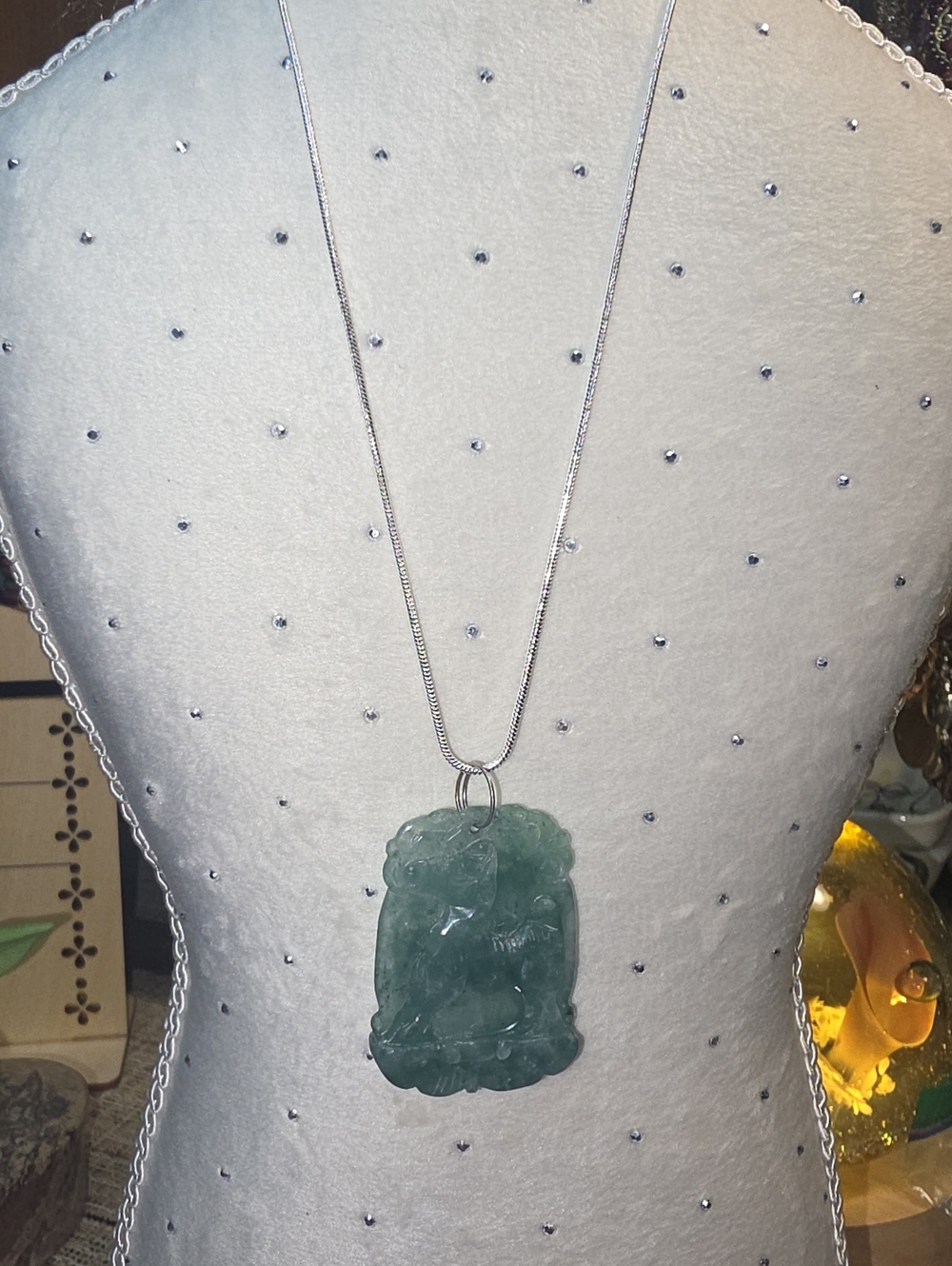 Green Jade Carved Pendant Necklace on Sterling Plated Chain